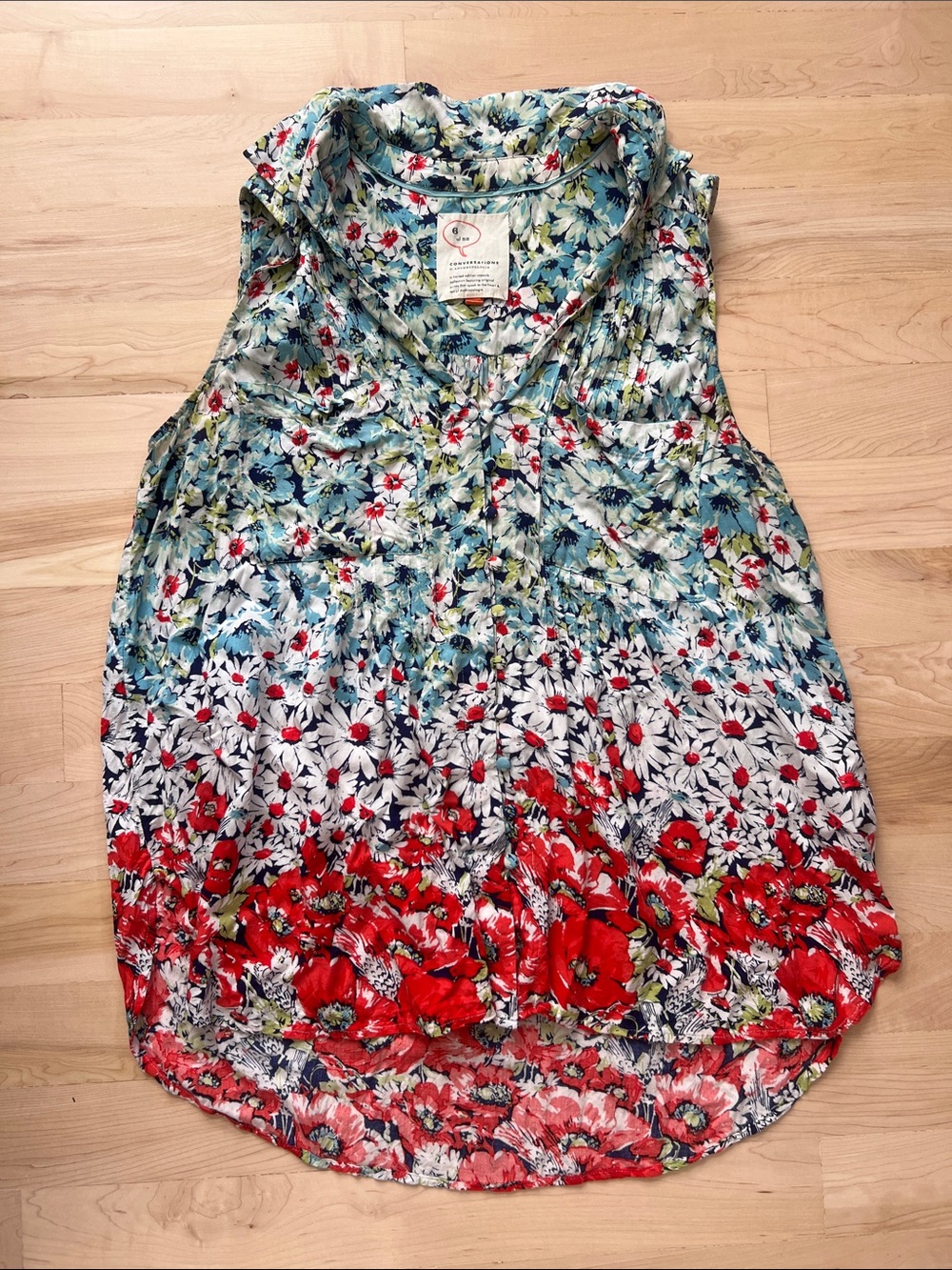 Anthropology Floral Sleeveless V-Neck Blouse - Red, Blue, White - Picture 2 of 5